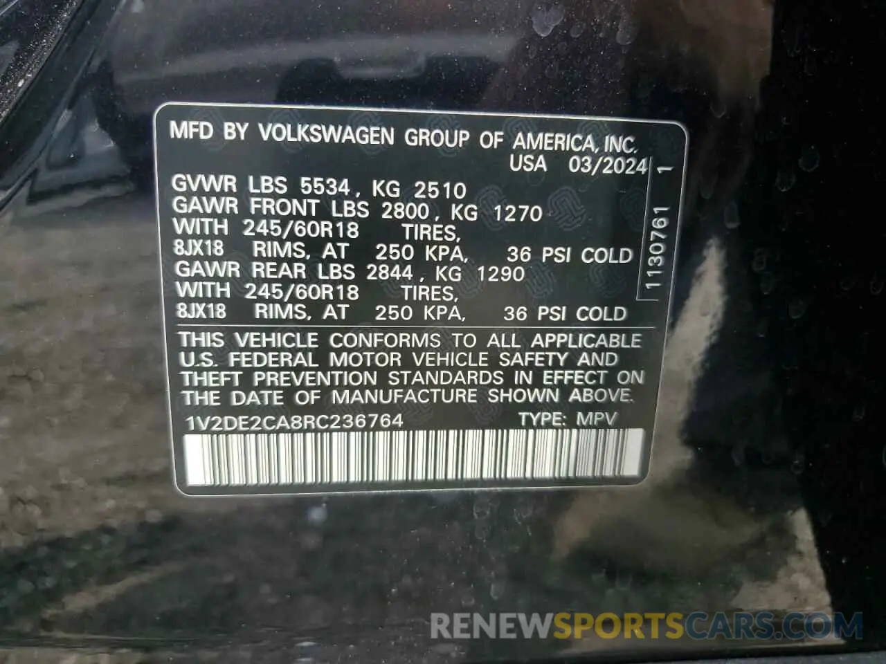 13 Photograph of a damaged car 1V2DE2CA8RC236764 VOLKSWAGEN ATLAS 2024