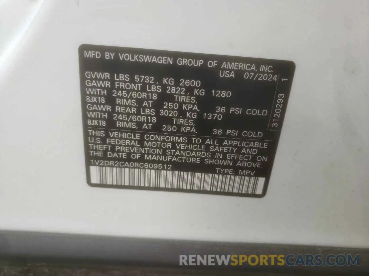 14 Photograph of a damaged car 1V2DR2CA0RC609512 VOLKSWAGEN ATLAS 2024