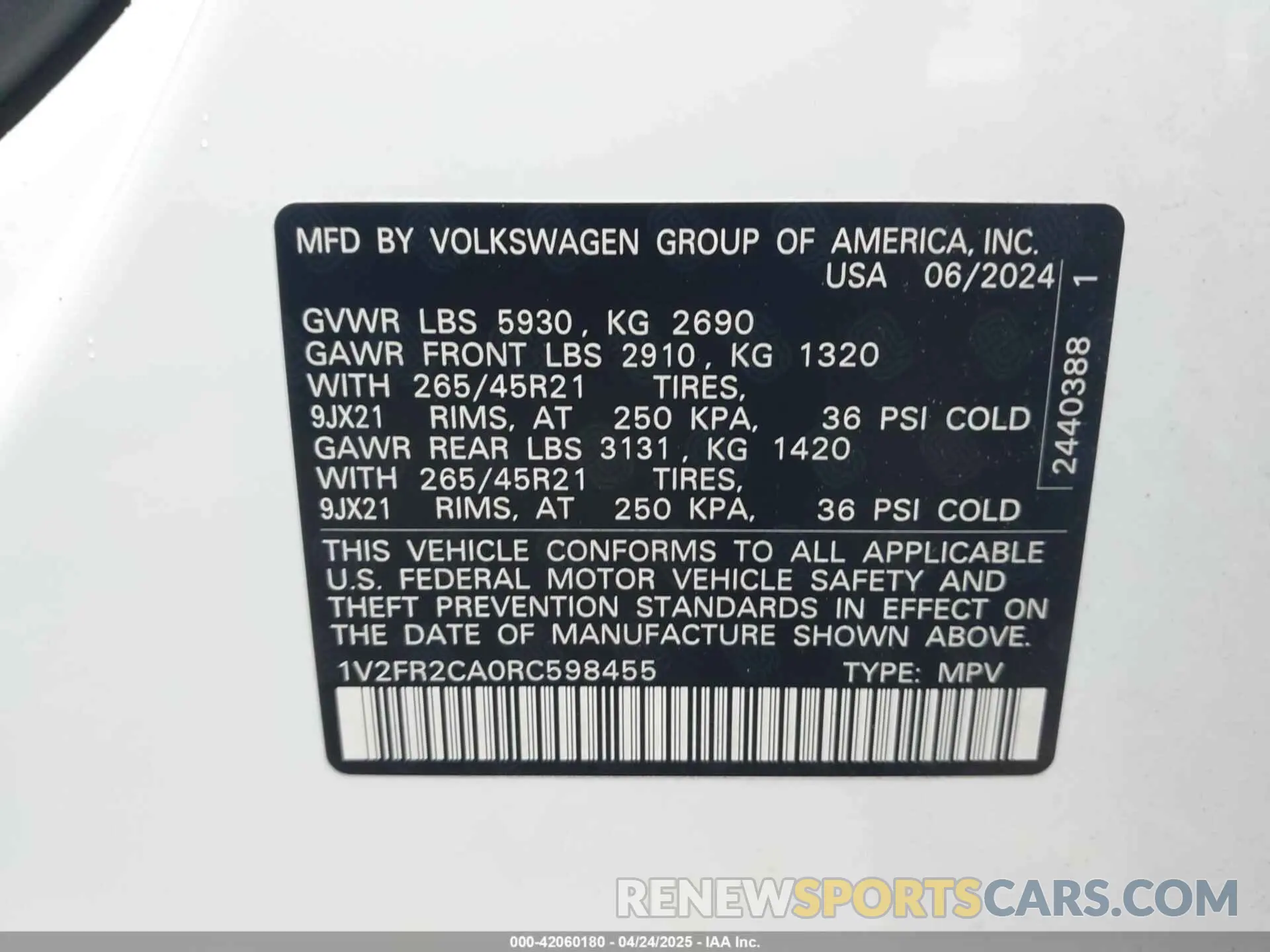 9 Фотография поврежденного автомобиля 1V2FR2CA0RC598455 VOLKSWAGEN ATLAS 2024