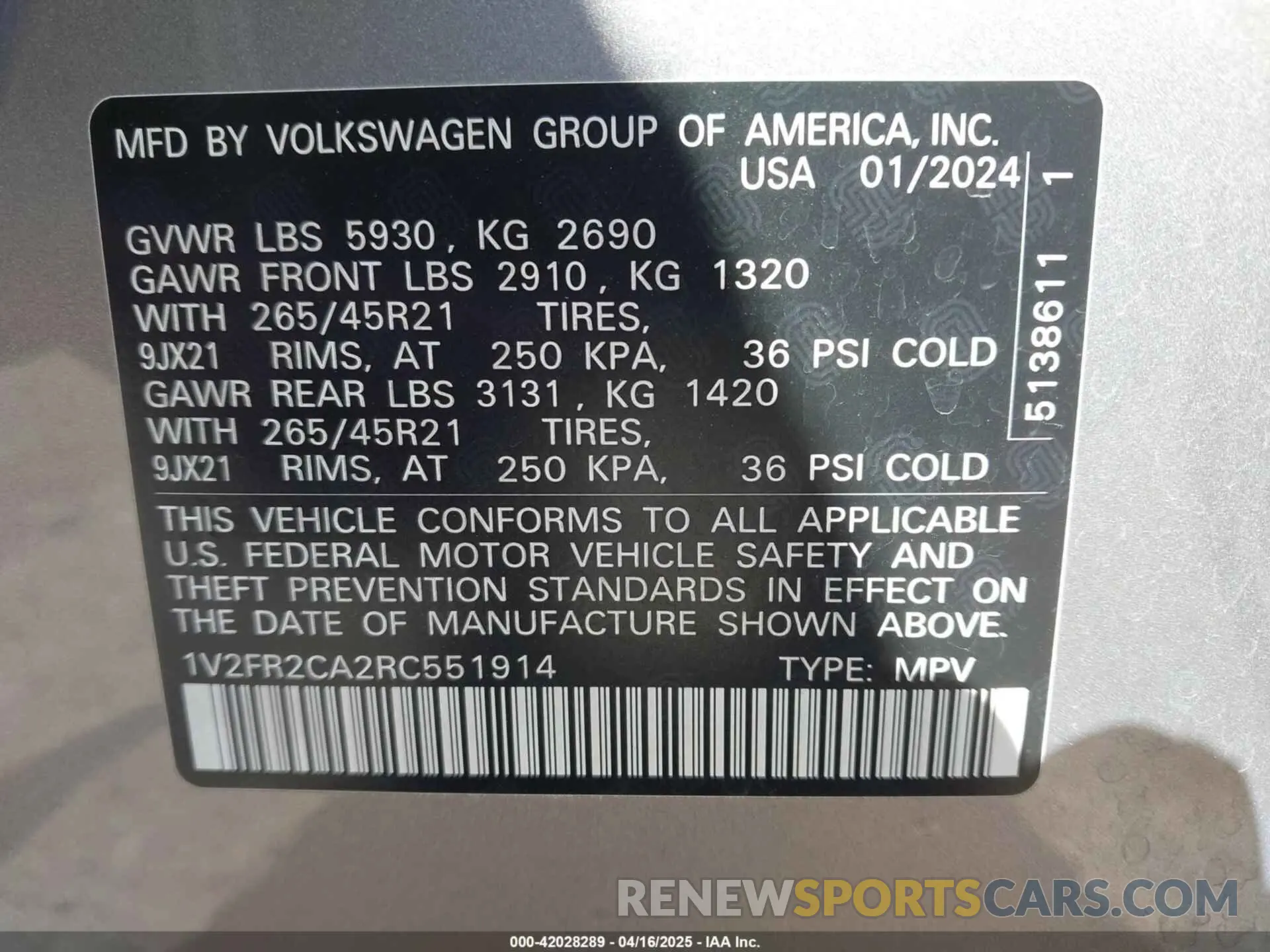9 Фотография поврежденного автомобиля 1V2FR2CA2RC551914 VOLKSWAGEN ATLAS 2024