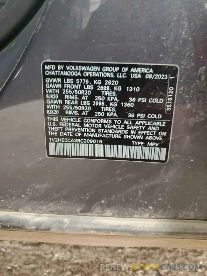15 Фотография поврежденного автомобиля 1V2HE2CA3RC209019 VOLKSWAGEN ATLAS 2024