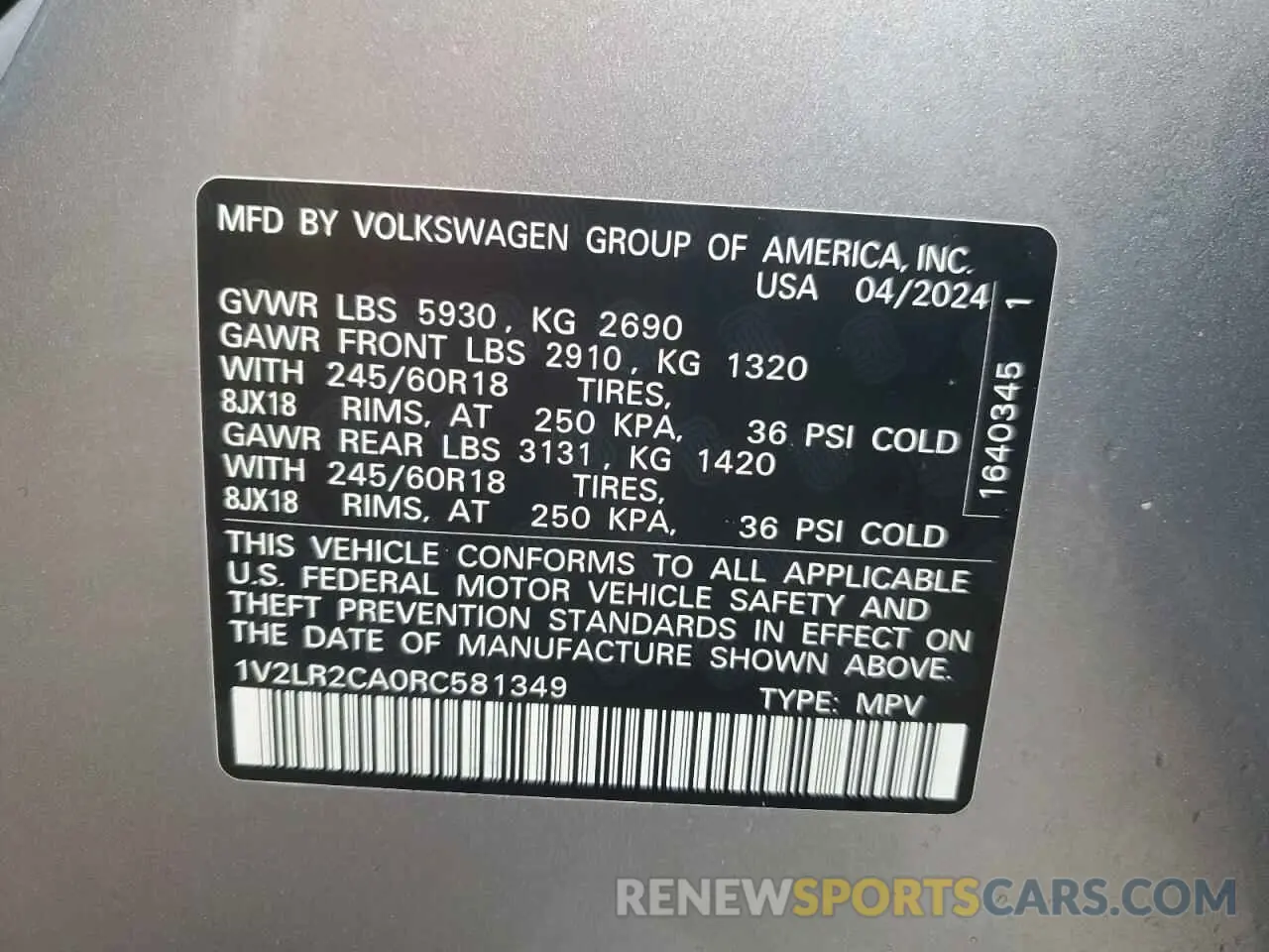 14 Photograph of a damaged car 1V2LR2CA0RC581349 VOLKSWAGEN ATLAS 2024