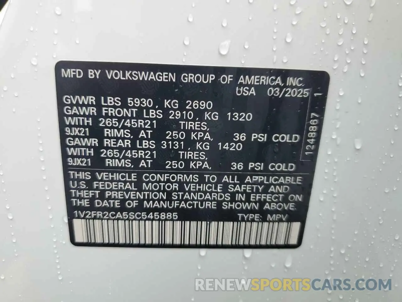 13 Photograph of a damaged car 1V2FR2CA5SC545885 VOLKSWAGEN ATLAS 2025