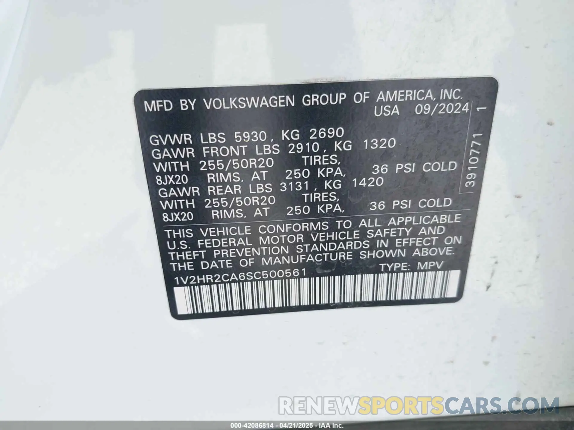 9 Фотография поврежденного автомобиля 1V2HR2CA6SC500561 VOLKSWAGEN ATLAS 2025