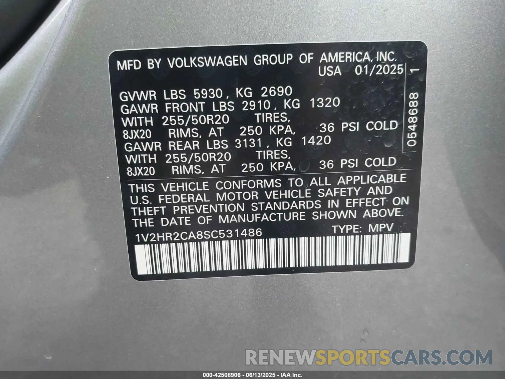 9 Фотография поврежденного автомобиля 1V2HR2CA8SC531486 VOLKSWAGEN ATLAS 2025