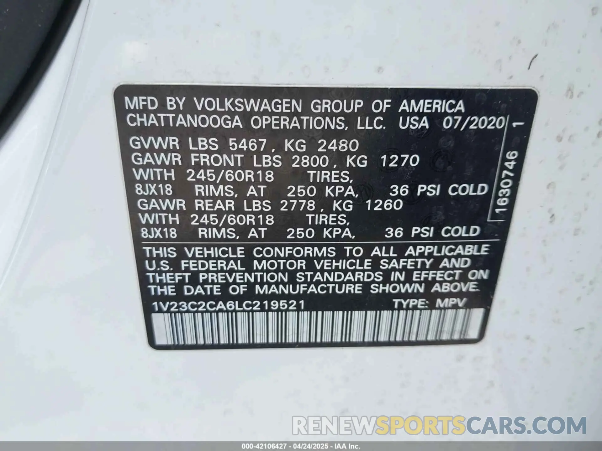 9 Photograph of a damaged car 1V23C2CA6LC219521 VOLKSWAGEN ATLAS CROSS SPORT 2020