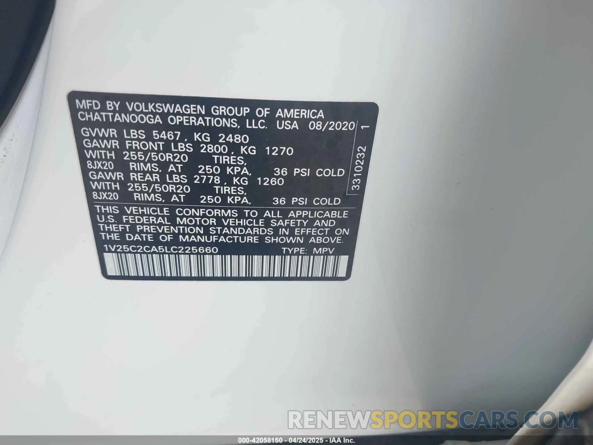 9 Photograph of a damaged car 1V25C2CA5LC225660 VOLKSWAGEN ATLAS CROSS SPORT 2020