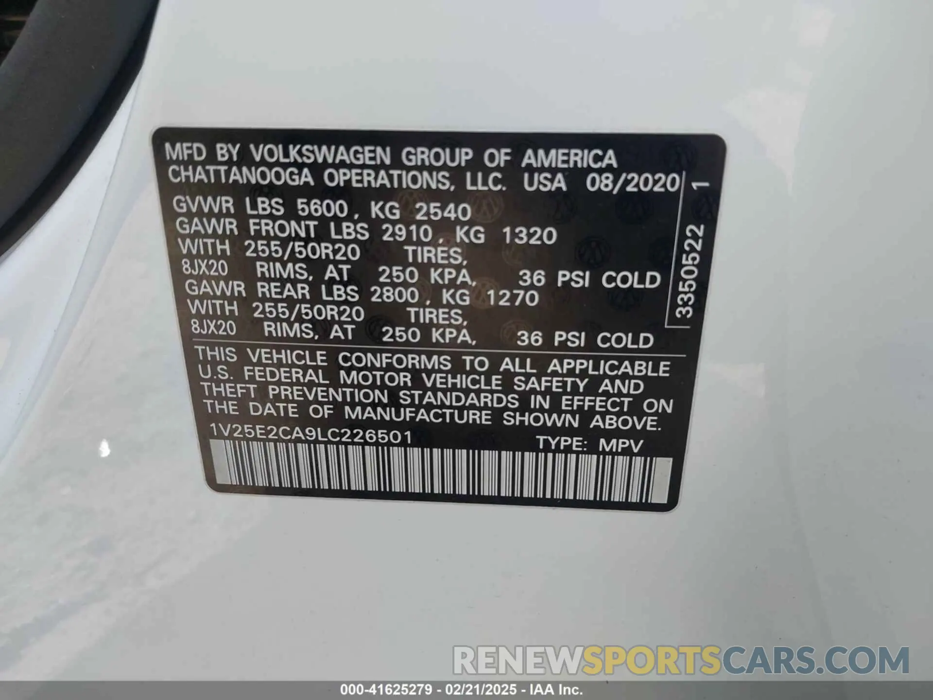9 Photograph of a damaged car 1V25E2CA9LC226501 VOLKSWAGEN ATLAS CROSS SPORT 2020
