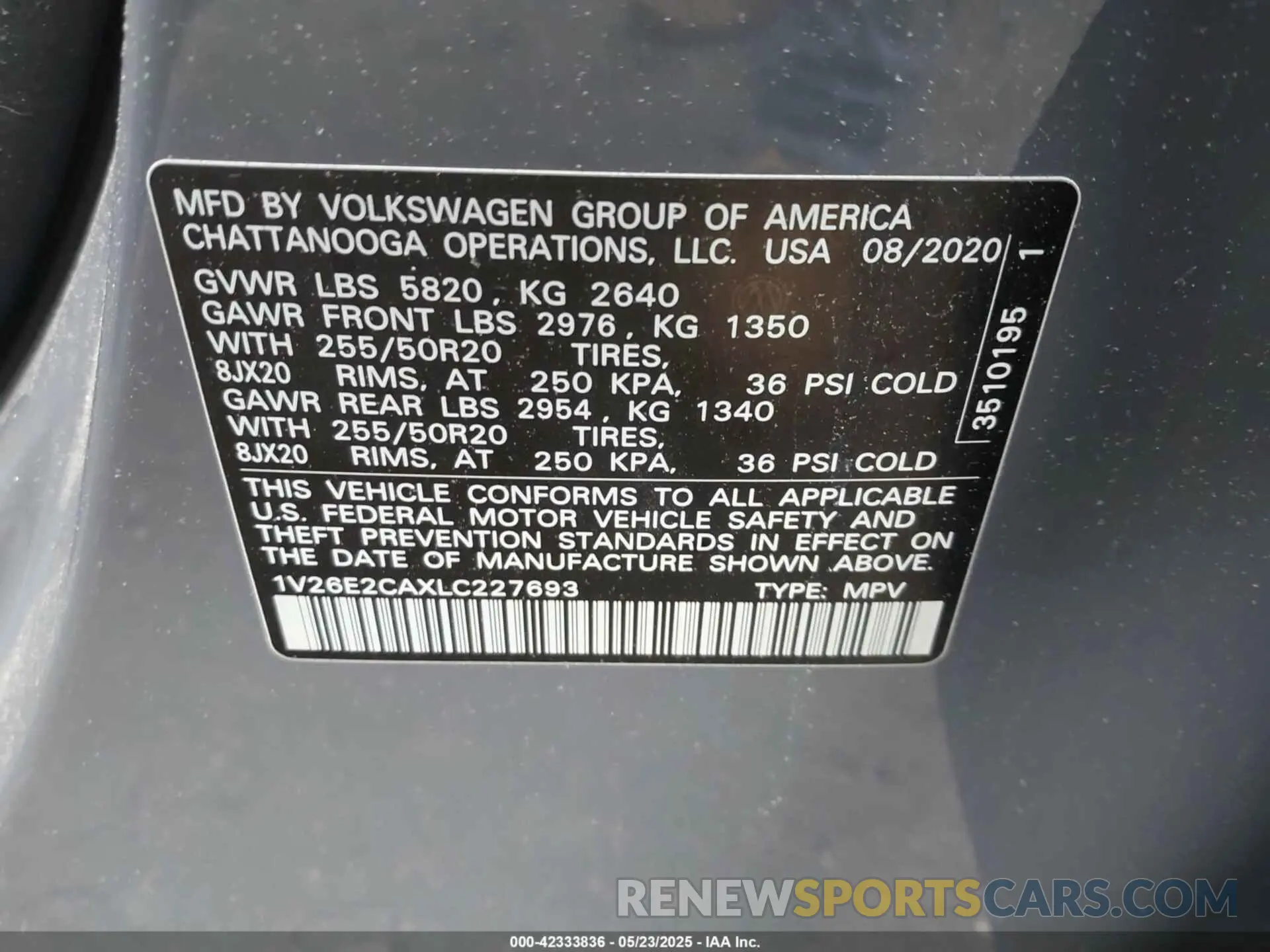 9 Photograph of a damaged car 1V26E2CAXLC227693 VOLKSWAGEN ATLAS CROSS SPORT 2020
