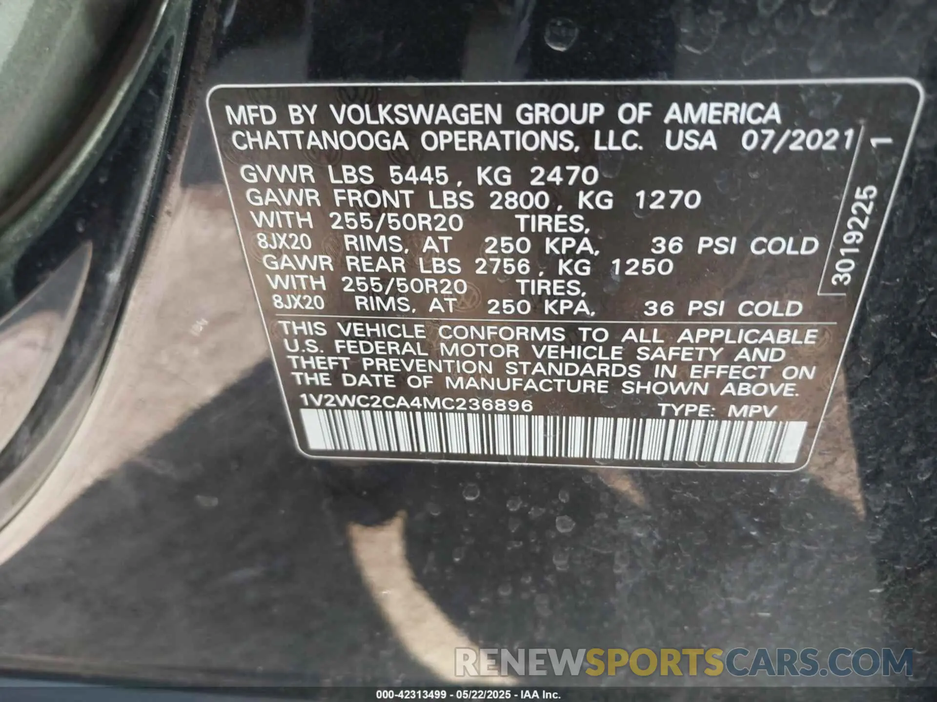 9 Photograph of a damaged car 1V2WC2CA4MC236896 VOLKSWAGEN ATLAS CROSS SPORT 2021
