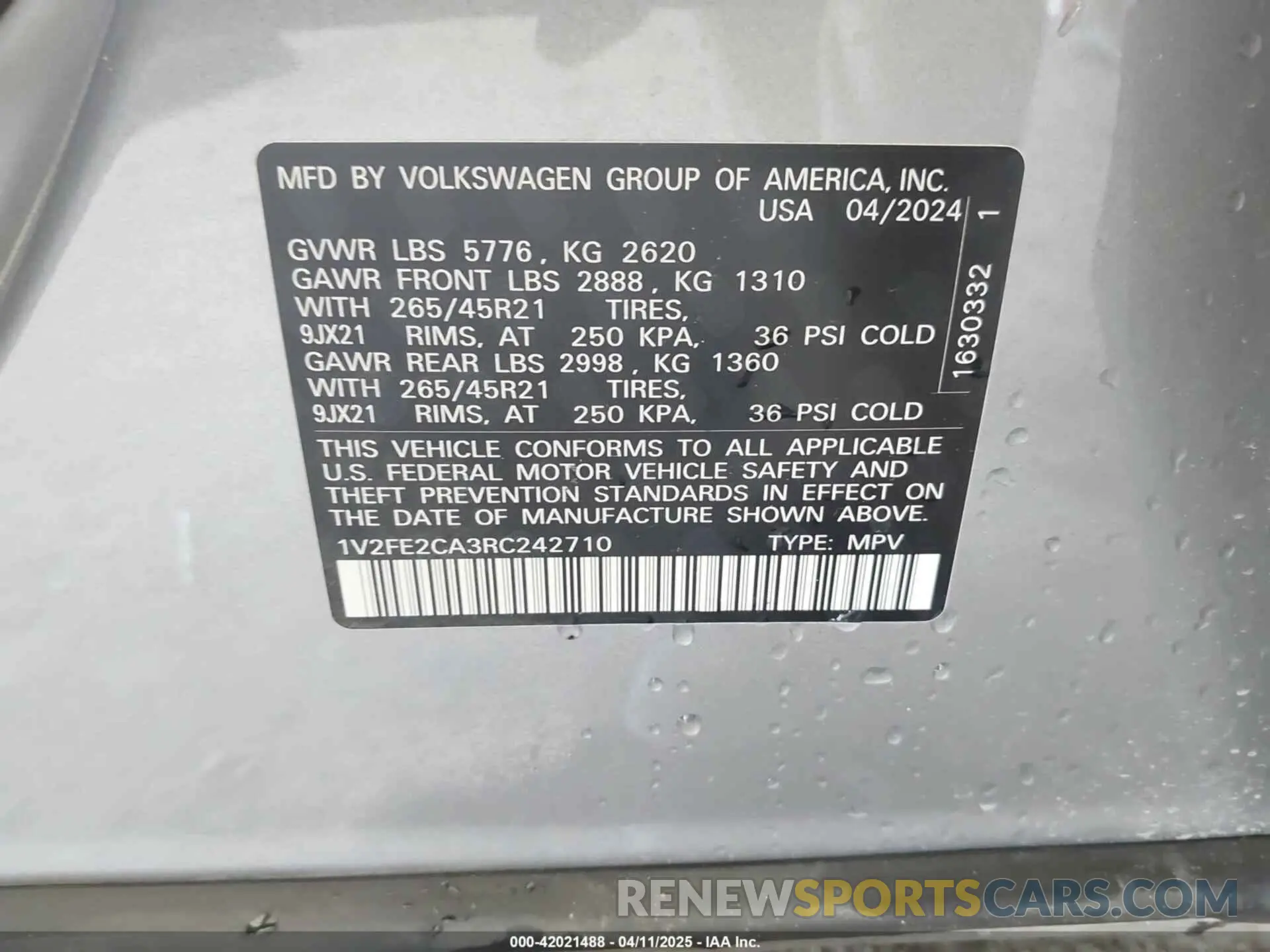 9 Фотография поврежденного автомобиля 1V2FE2CA3RC242710 VOLKSWAGEN ATLAS CROSS SPORT 2024