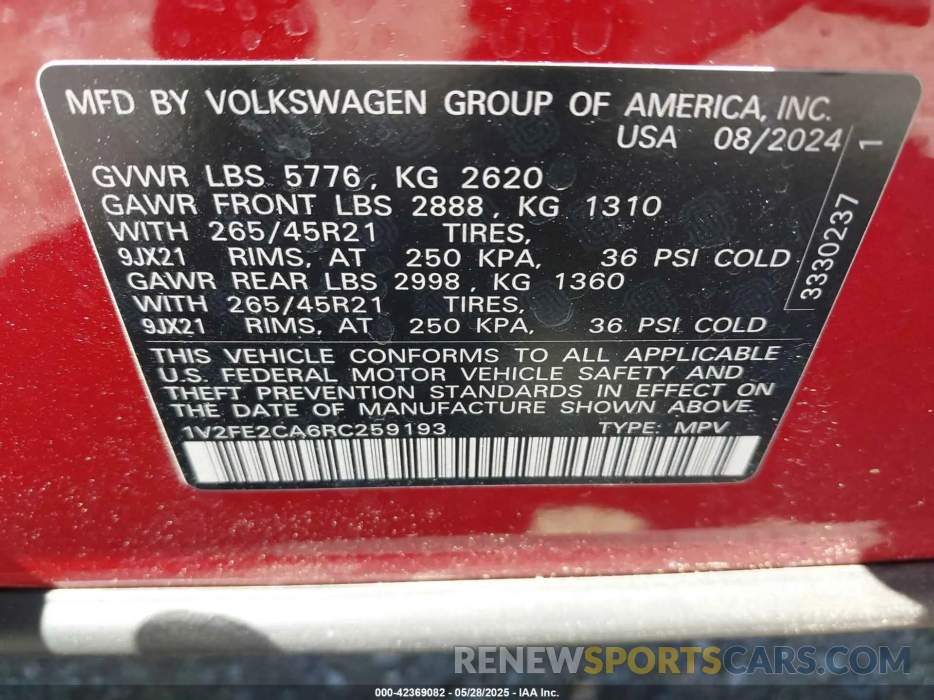 9 Photograph of a damaged car 1V2FE2CA6RC259193 VOLKSWAGEN ATLAS CROSS SPORT 2024