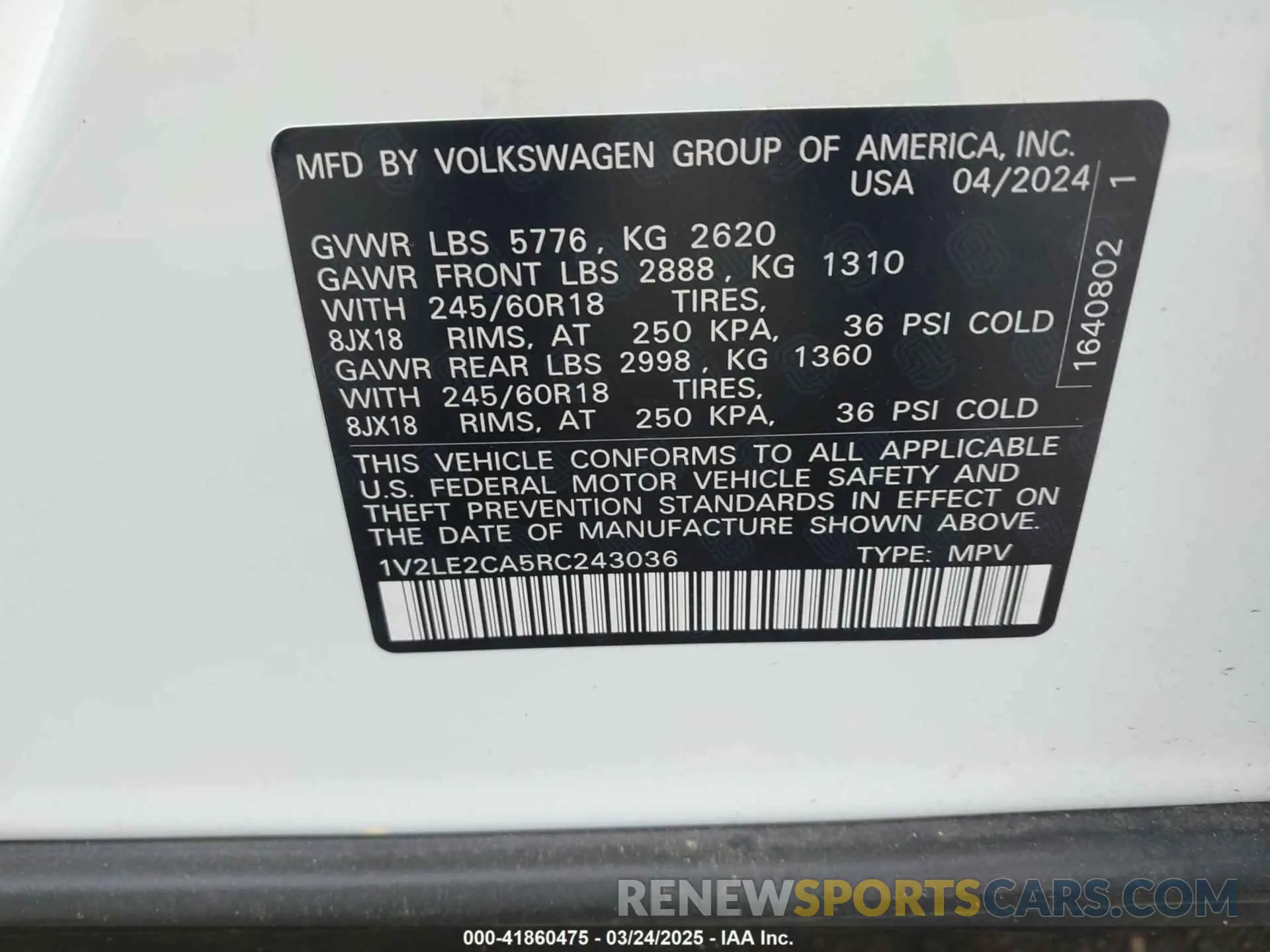 9 Photograph of a damaged car 1V2LE2CA5RC243036 VOLKSWAGEN ATLAS CROSS SPORT 2024