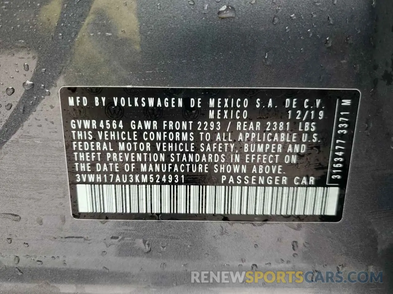 12 Фотография поврежденного автомобиля 3VWH17AU3KM524931 VOLKSWAGEN GOLF 2019