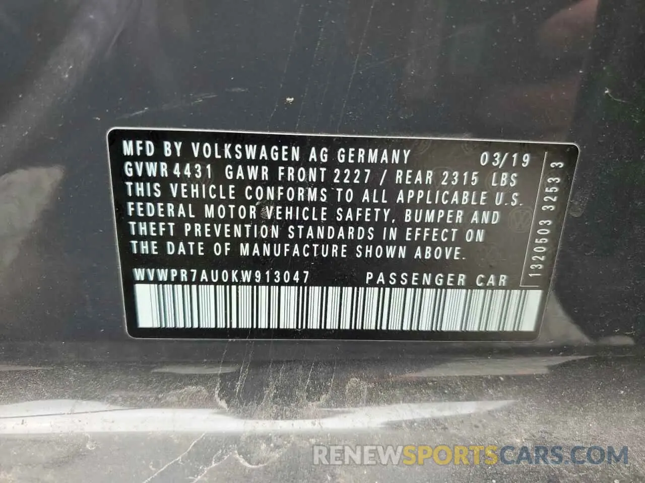14 Фотография поврежденного автомобиля WVWPR7AU0KW913047 VOLKSWAGEN GOLF 2019