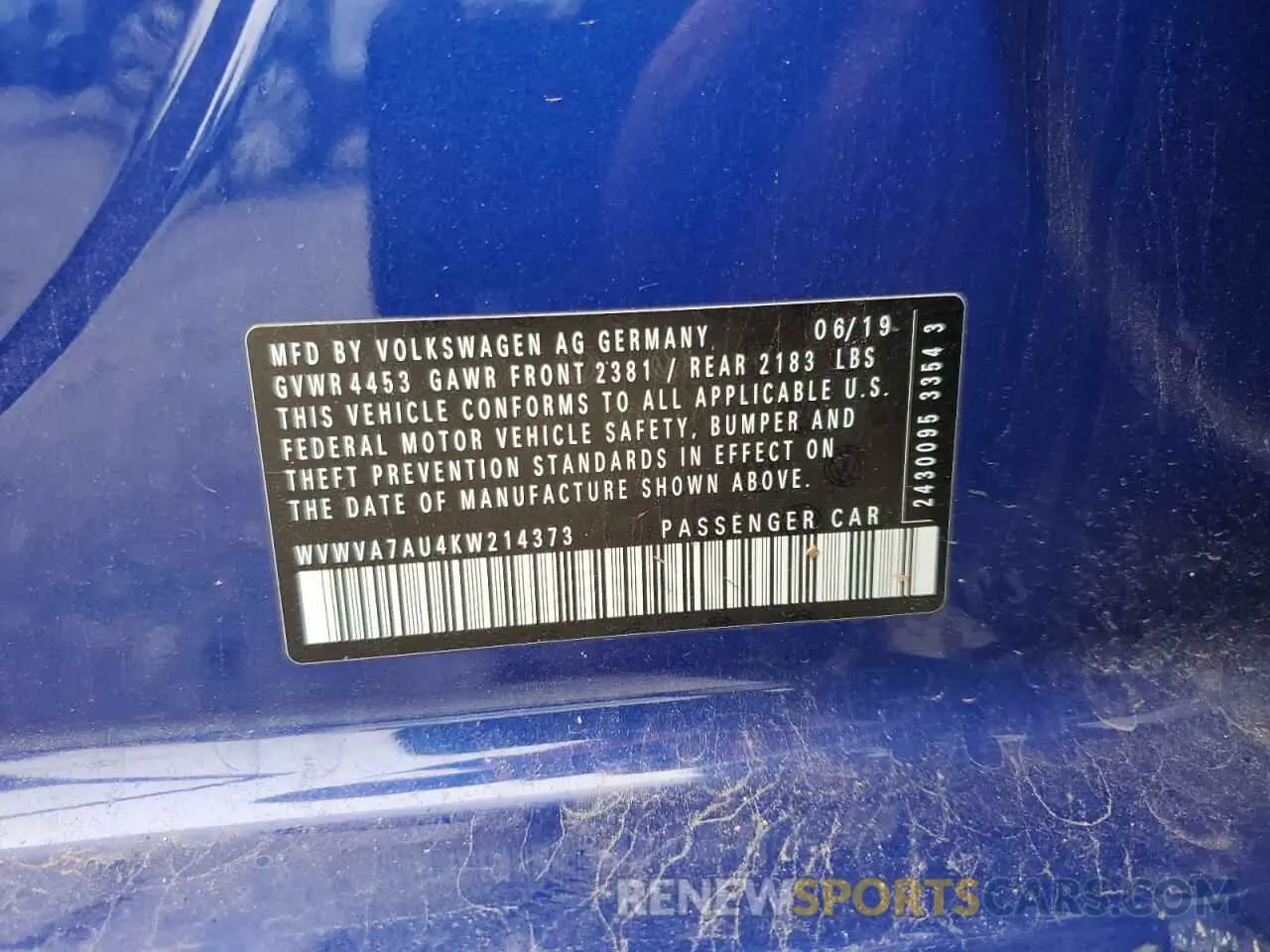 12 Photograph of a damaged car WVWVA7AU4KW214373 VOLKSWAGEN GOLF 2019