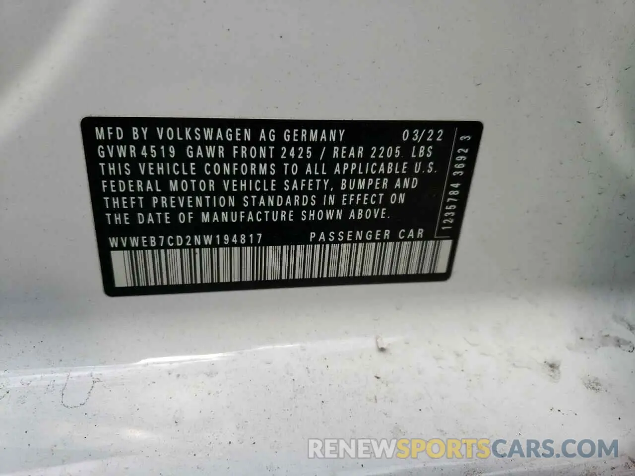 13 Photograph of a damaged car WVWEB7CD2NW194817 VOLKSWAGEN GOLF 2022