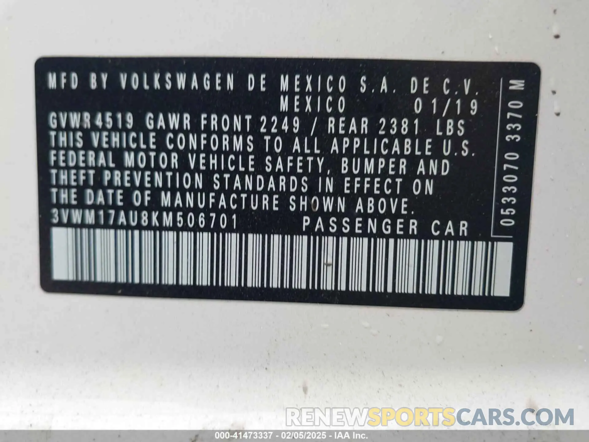9 Photograph of a damaged car 3VWM17AU8KM506701 VOLKSWAGEN GOLF ALLTRACK 2019