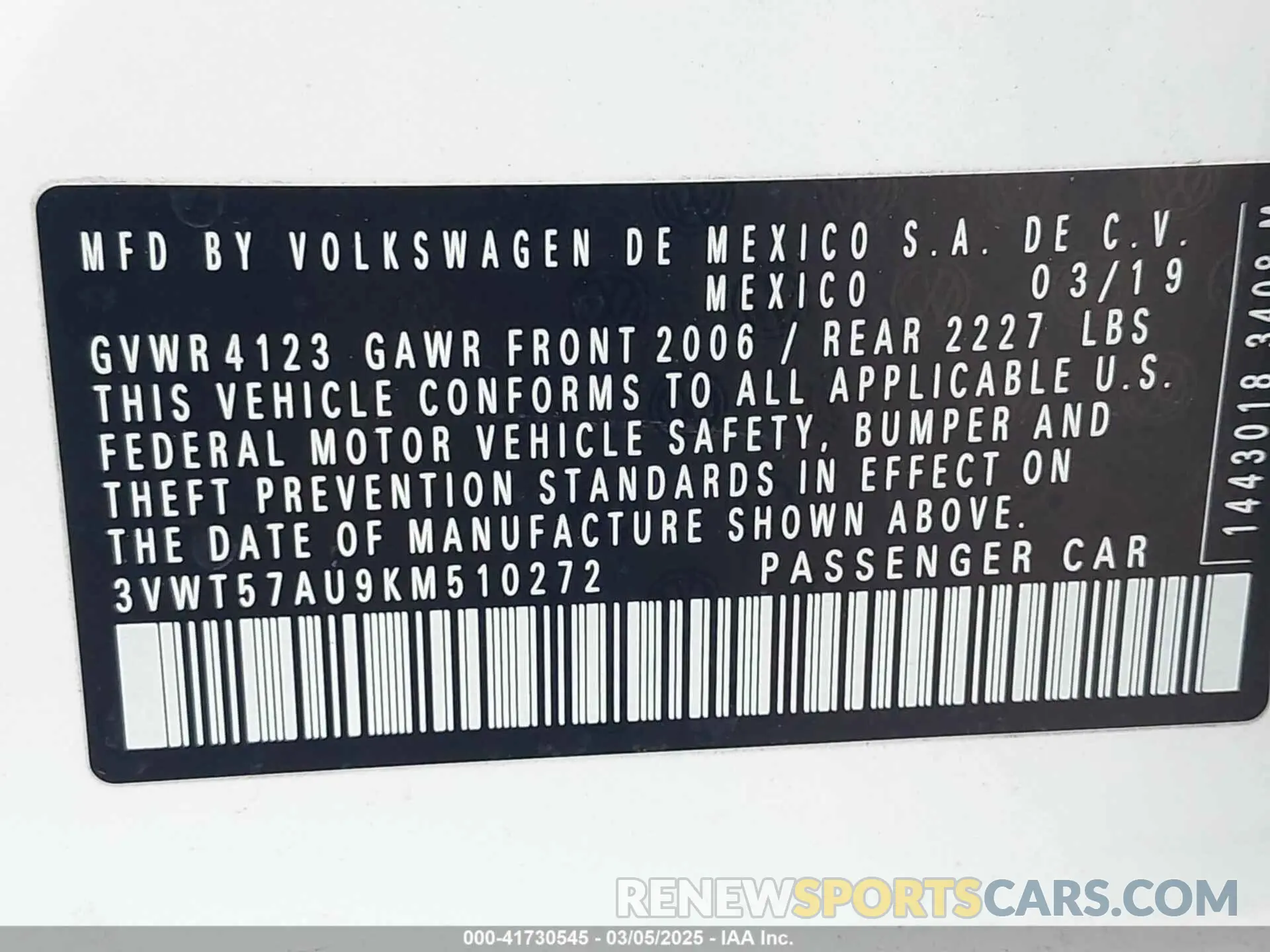 9 Photograph of a damaged car 3VWT57AU9KM510272 VOLKSWAGEN GOLF SPORTWAGEN 2019