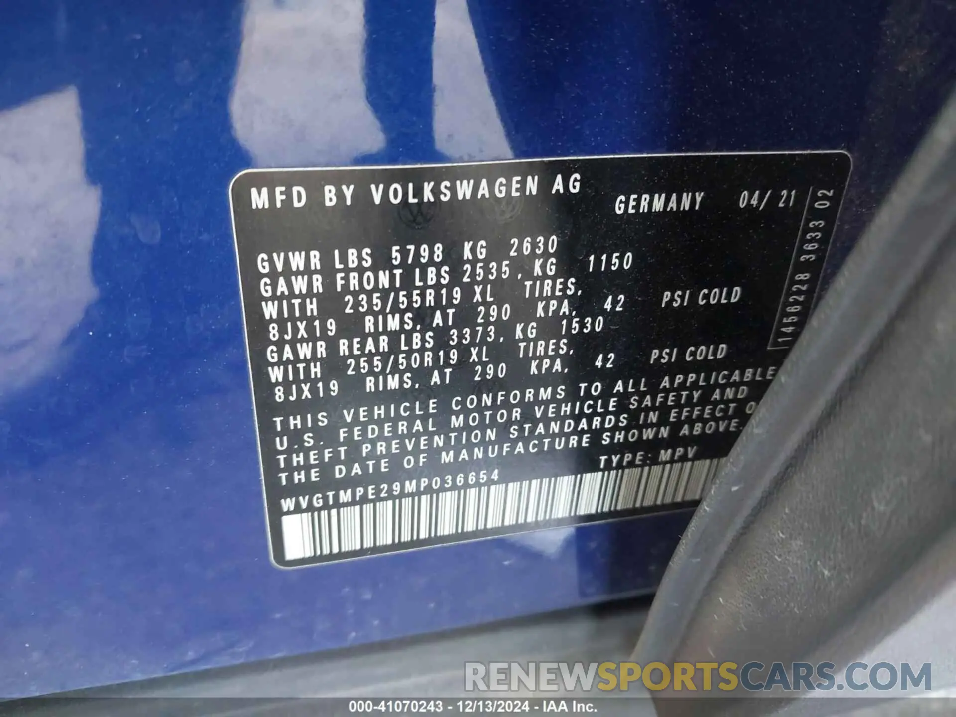 9 Фотография поврежденного автомобиля WVGTMPE29MP036654 VOLKSWAGEN ID.4 2021