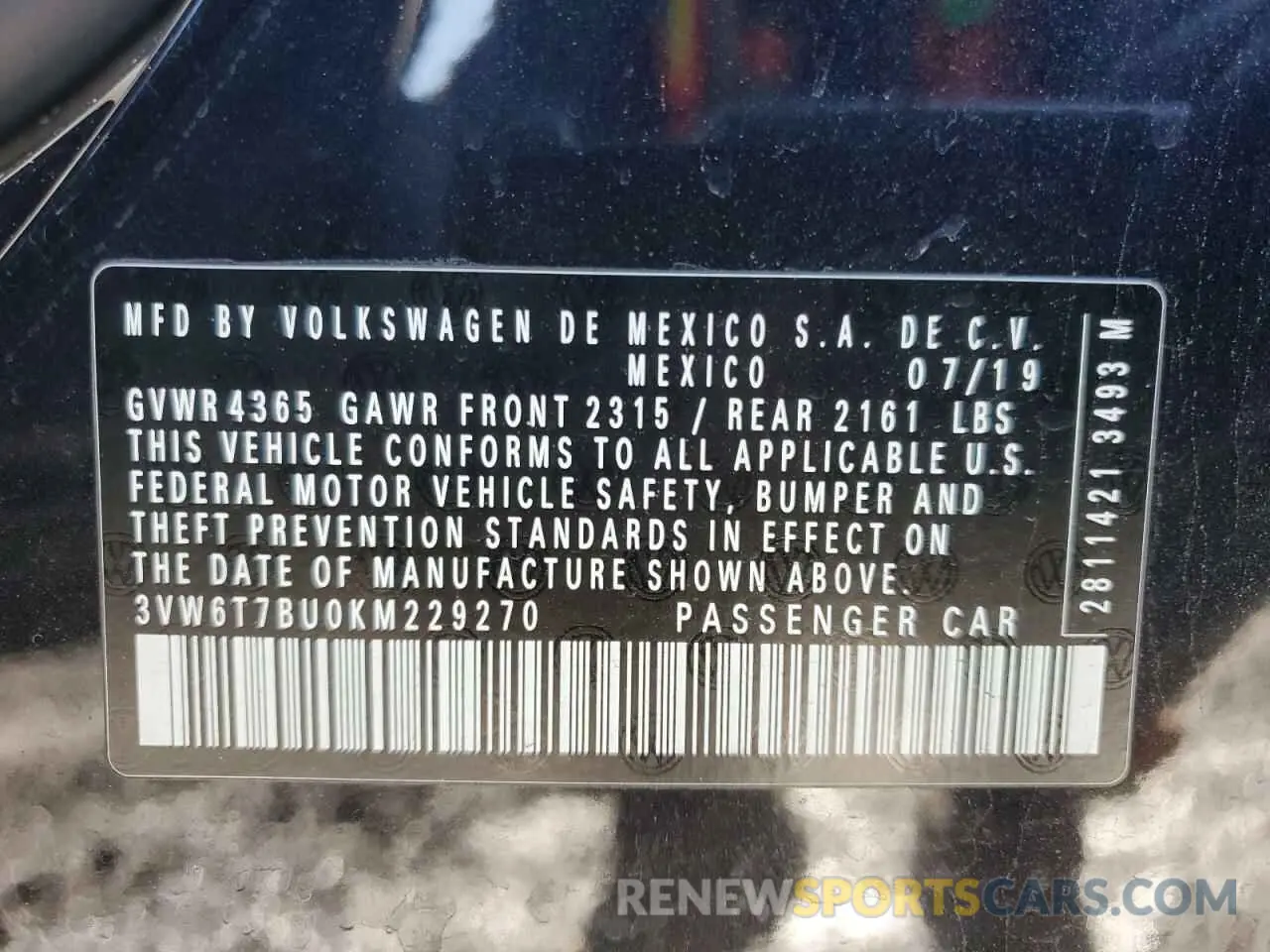 12 Photograph of a damaged car 3VW6T7BU0KM229270 VOLKSWAGEN JETTA 2019