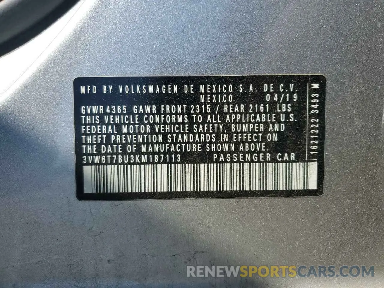 12 Photograph of a damaged car 3VW6T7BU3KM187113 VOLKSWAGEN JETTA 2019