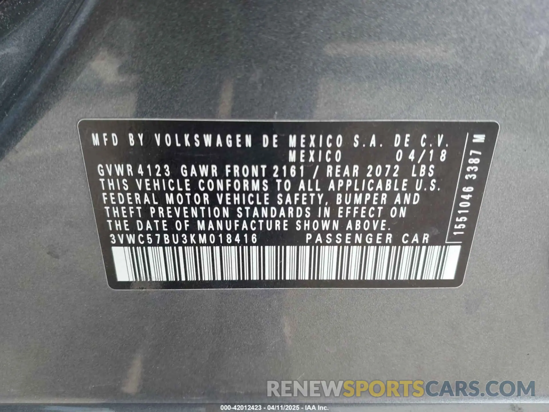 9 Photograph of a damaged car 3VWC57BU3KM018416 VOLKSWAGEN JETTA 2019