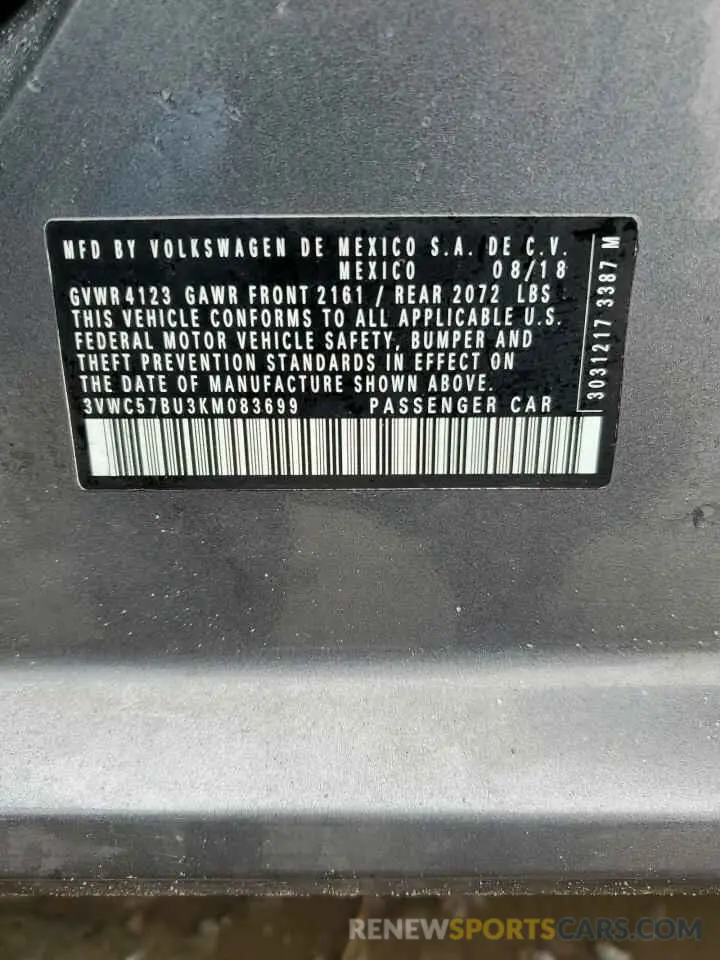 13 Photograph of a damaged car 3VWC57BU3KM083699 VOLKSWAGEN JETTA 2019