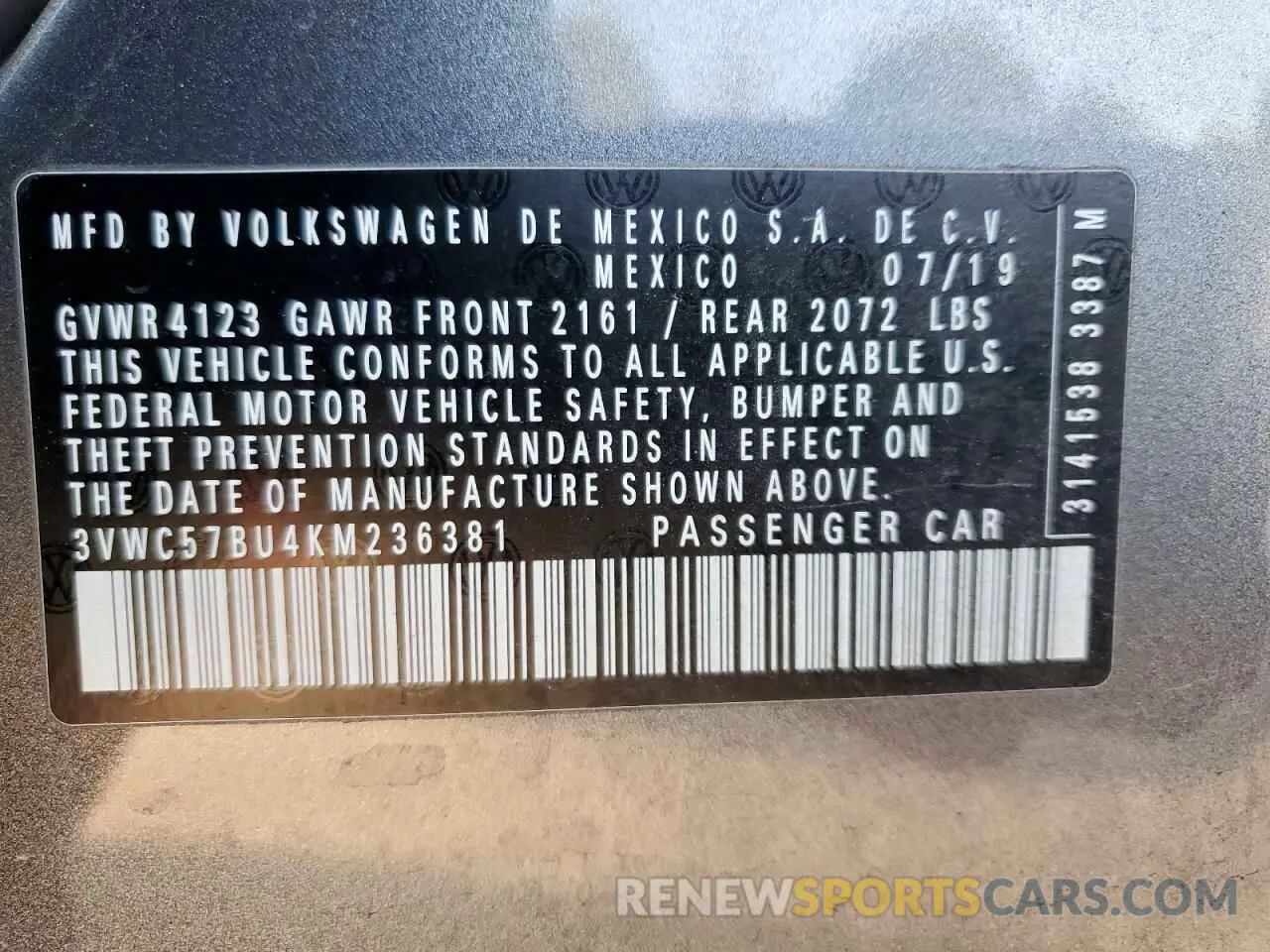 13 Photograph of a damaged car 3VWC57BU4KM236381 VOLKSWAGEN JETTA 2019