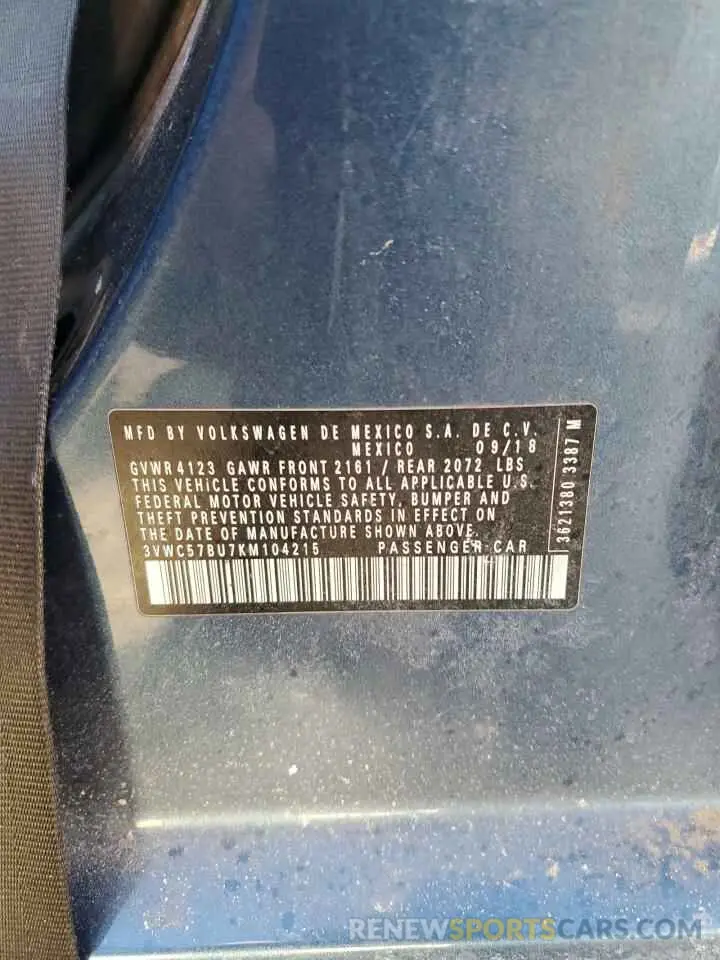 12 Photograph of a damaged car 3VWC57BU7KM104215 VOLKSWAGEN JETTA 2019