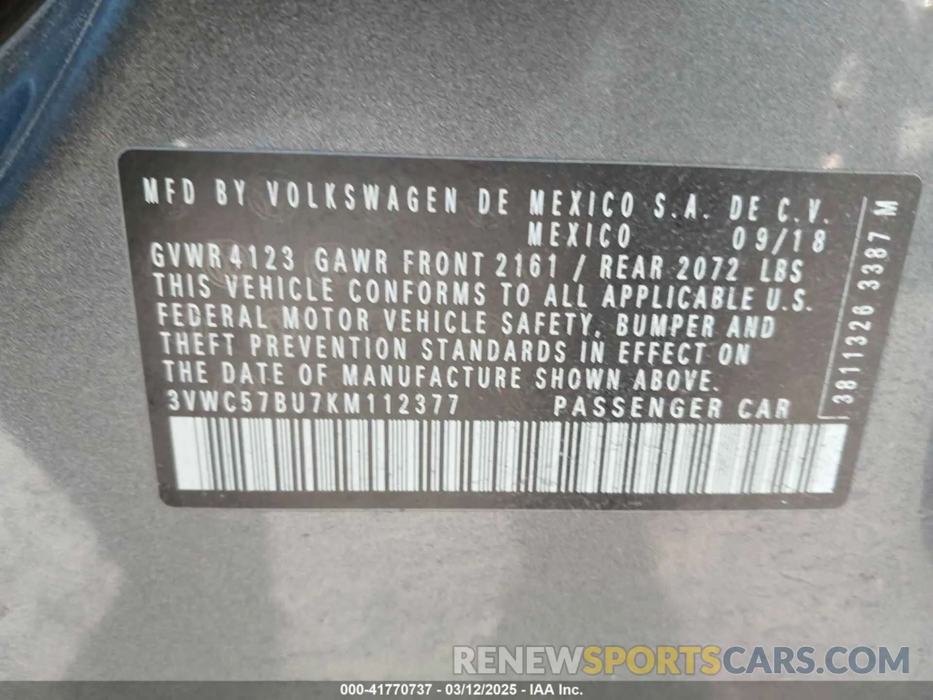 9 Photograph of a damaged car 3VWC57BU7KM112377 VOLKSWAGEN JETTA 2019