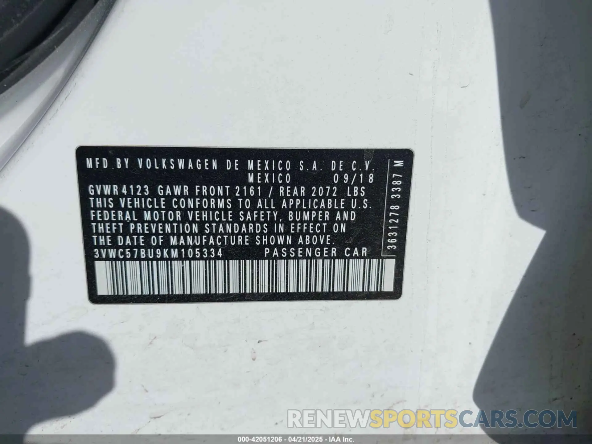 9 Photograph of a damaged car 3VWC57BU9KM105334 VOLKSWAGEN JETTA 2019