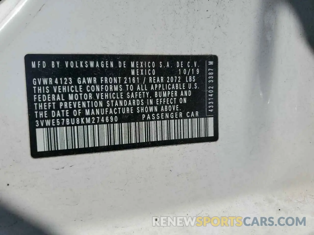 14 Photograph of a damaged car 3VWE57BU8KM274690 VOLKSWAGEN JETTA 2019