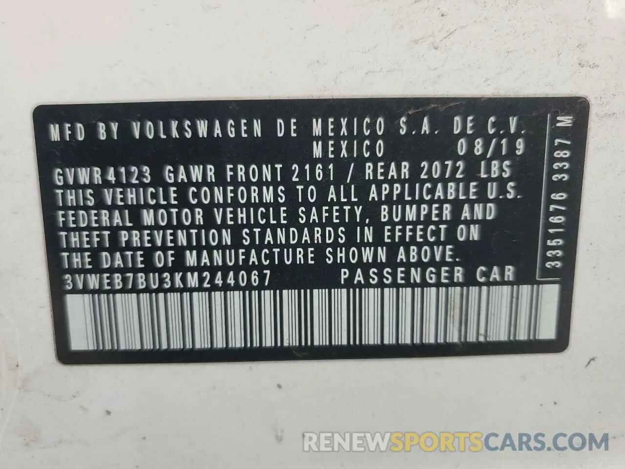 13 Photograph of a damaged car 3VWEB7BU3KM244067 VOLKSWAGEN JETTA 2019