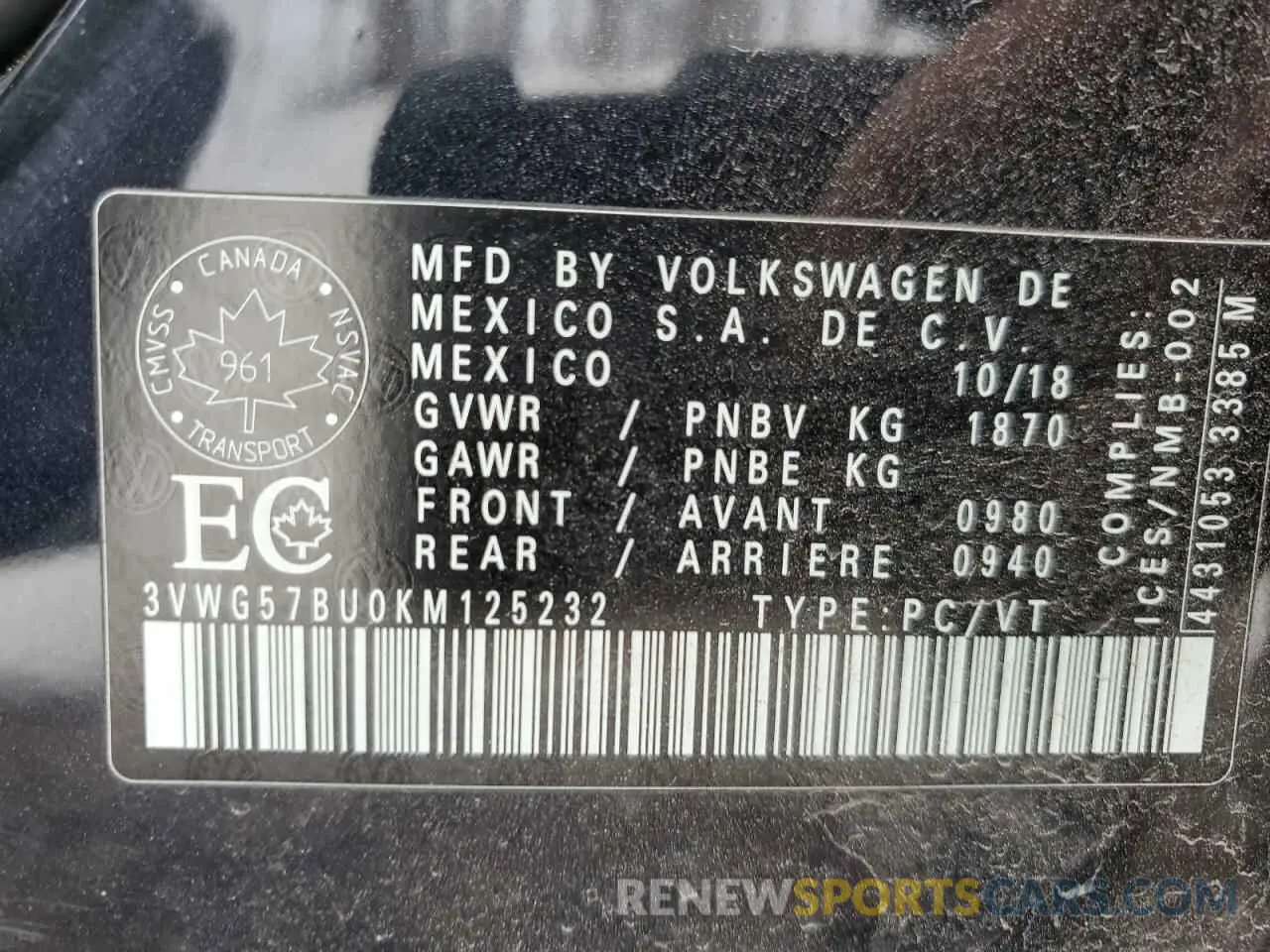 12 Photograph of a damaged car 3VWG57BU0KM125232 VOLKSWAGEN JETTA 2019