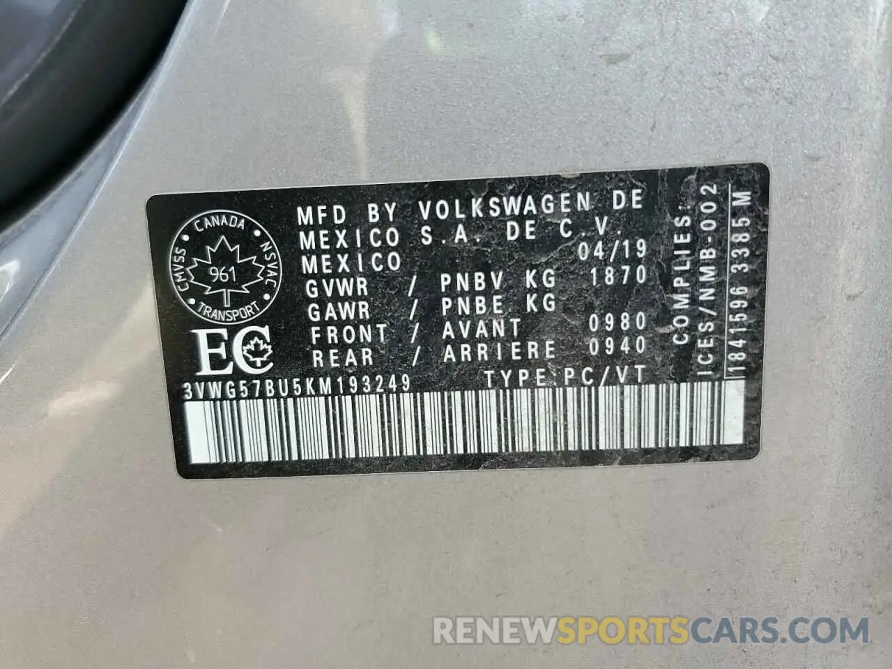 13 Photograph of a damaged car 3VWG57BU5KM193249 VOLKSWAGEN JETTA 2019