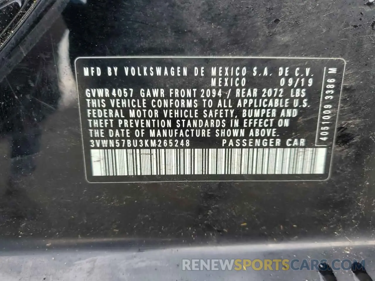 12 Photograph of a damaged car 3VWN57BU3KM265248 VOLKSWAGEN JETTA 2019