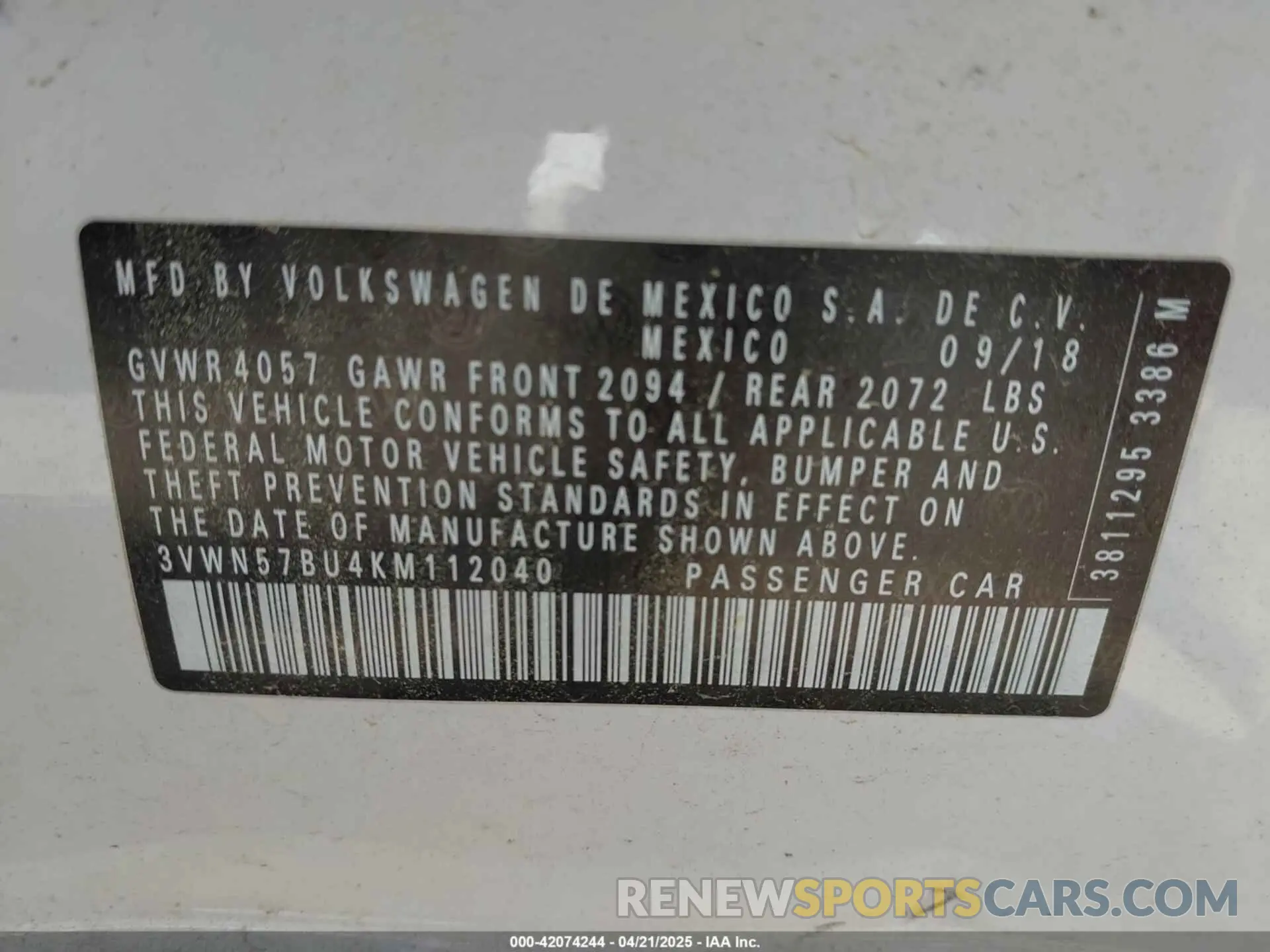 9 Фотография поврежденного автомобиля 3VWN57BU4KM112040 VOLKSWAGEN JETTA 2019