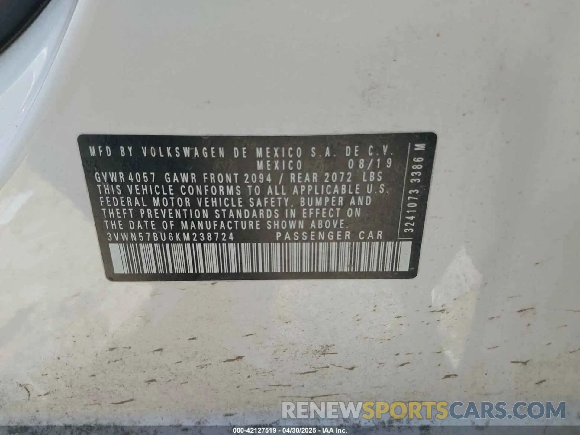 9 Фотография поврежденного автомобиля 3VWN57BU6KM238724 VOLKSWAGEN JETTA 2019