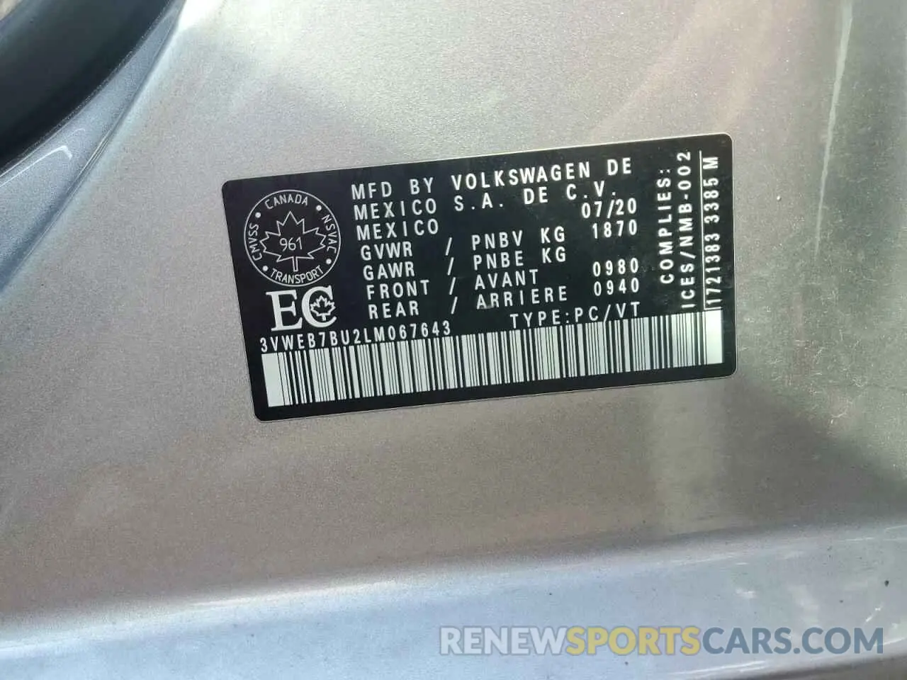 12 Фотография поврежденного автомобиля 3VWEB7BU2LM067643 VOLKSWAGEN JETTA 2020