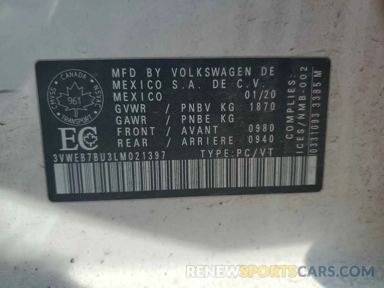 13 Фотография поврежденного автомобиля 3VWEB7BU3LM021397 VOLKSWAGEN JETTA 2020
