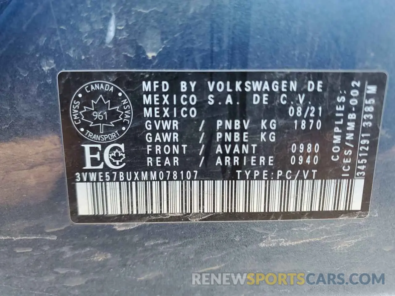 12 Photograph of a damaged car 3VWE57BUXMM078107 VOLKSWAGEN JETTA 2021