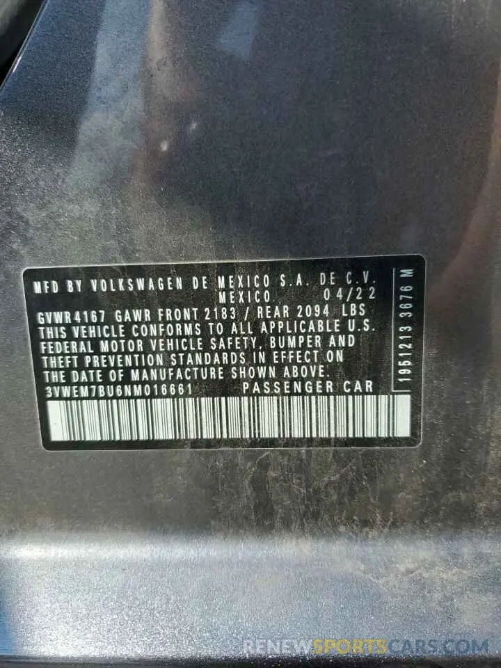 12 Photograph of a damaged car 3VWEM7BU6NM016661 VOLKSWAGEN JETTA 2022