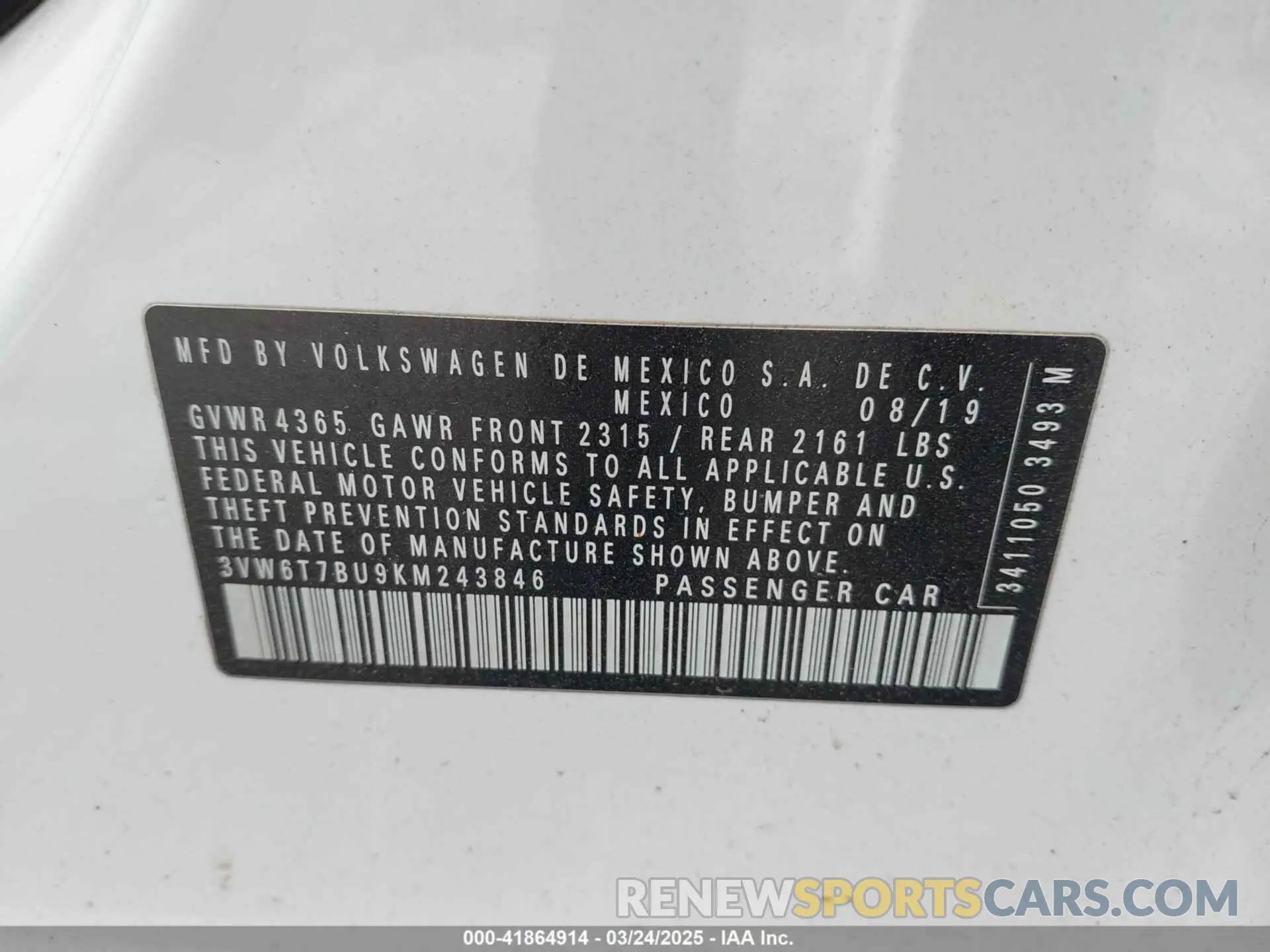 9 Photograph of a damaged car 3VW6T7BU9KM243846 VOLKSWAGEN JETTA GLI 2019