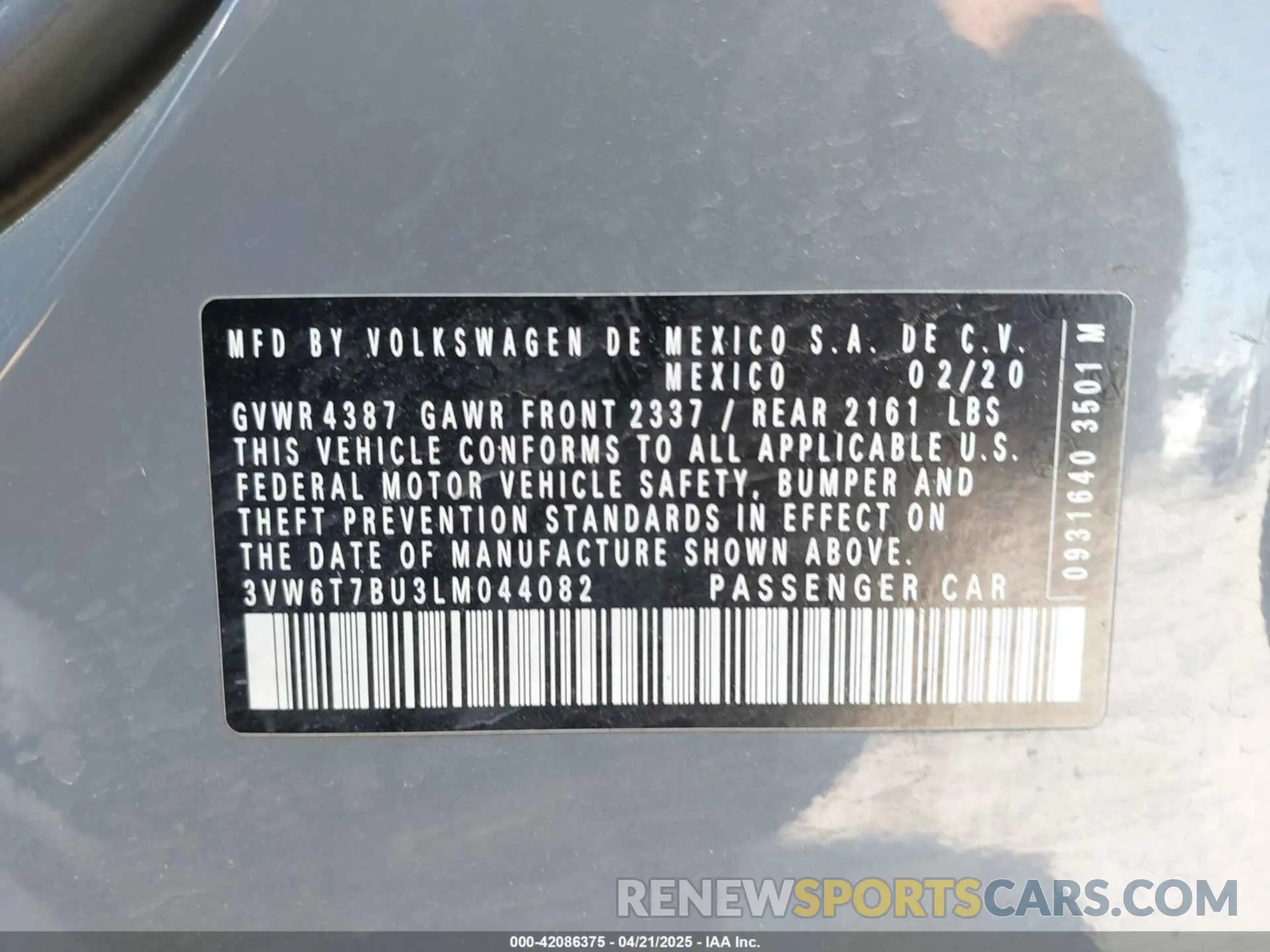 9 Фотография поврежденного автомобиля 3VW6T7BU3LM044082 VOLKSWAGEN JETTA GLI 2020