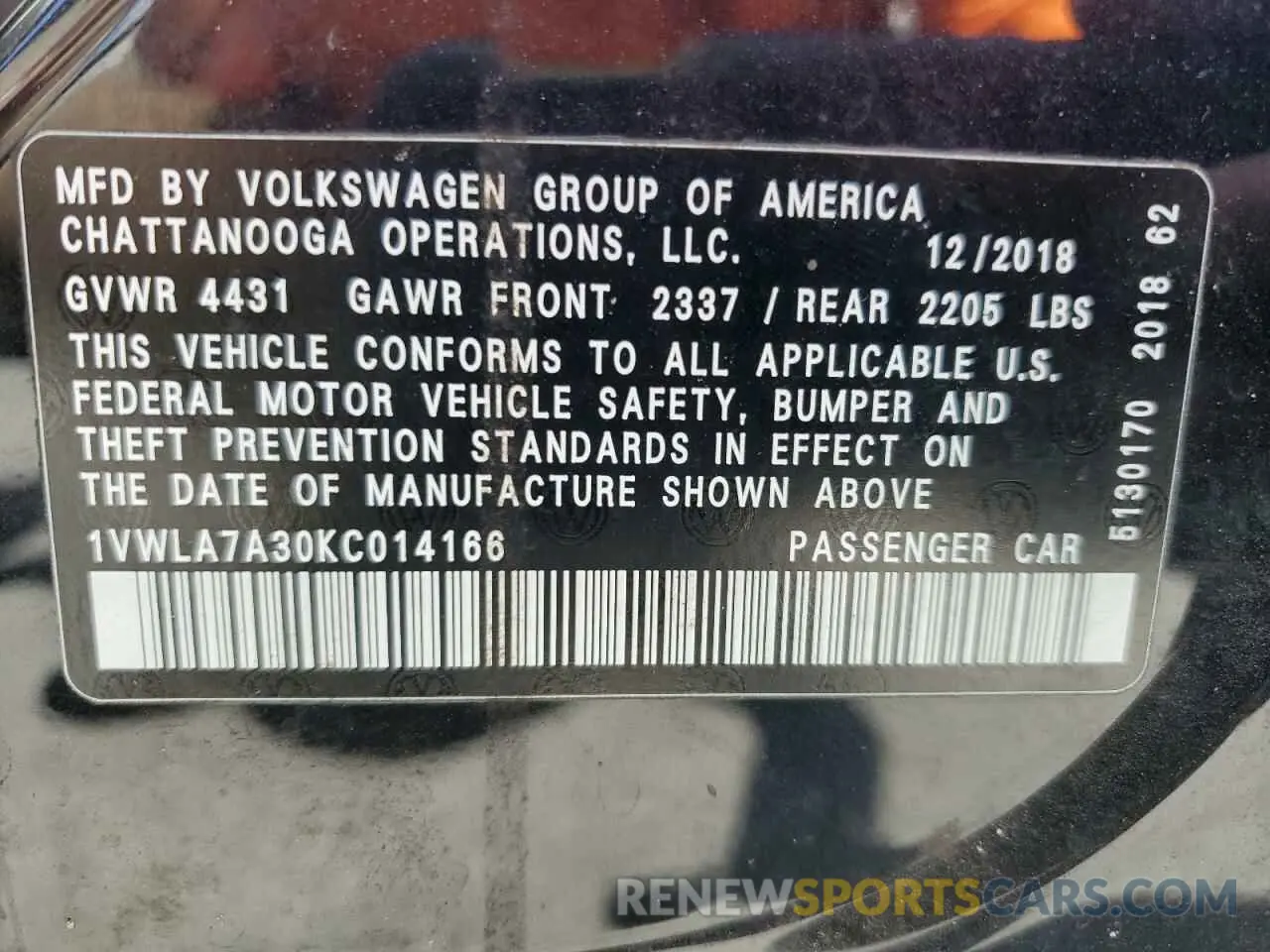 12 Фотография поврежденного автомобиля 1VWLA7A30KC014166 VOLKSWAGEN PASSAT 2019
