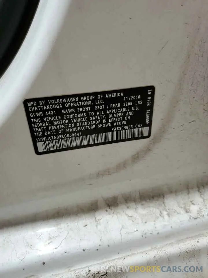 12 Фотография поврежденного автомобиля 1VWLA7A32KC009941 VOLKSWAGEN PASSAT 2019