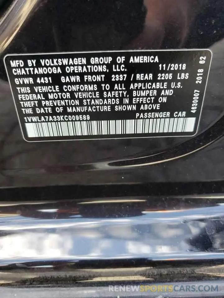 14 Photograph of a damaged car 1VWLA7A33KC009589 VOLKSWAGEN PASSAT 2019