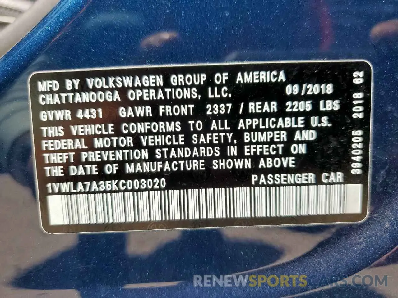13 Photograph of a damaged car 1VWLA7A35KC003020 VOLKSWAGEN PASSAT 2019