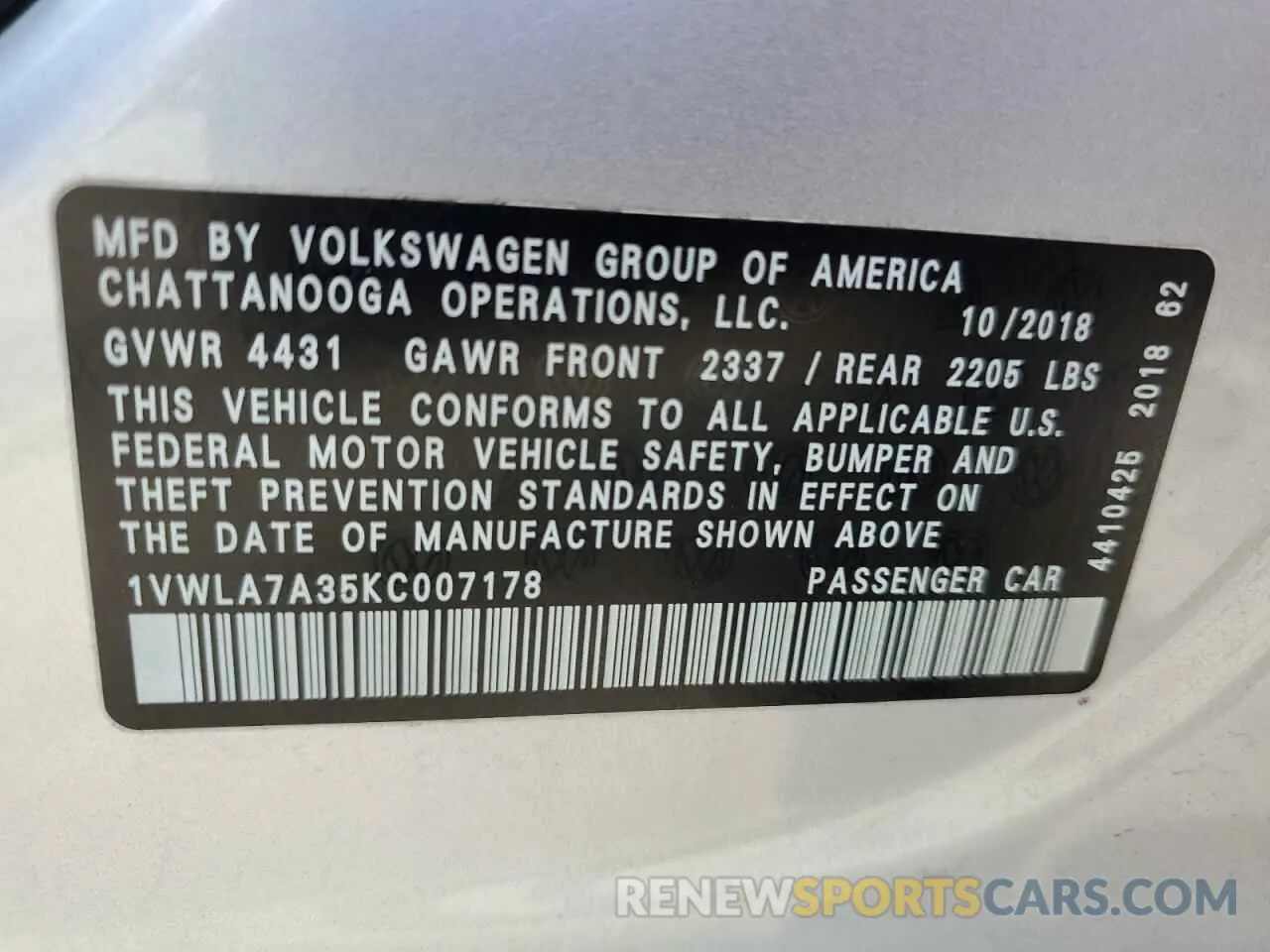 12 Фотография поврежденного автомобиля 1VWLA7A35KC007178 VOLKSWAGEN PASSAT 2019